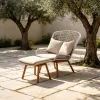 Contemporary High Back Matching Footrest Aluminum Frame Outdoor Villa Countryside Teak Wood Rope Leisure Chair Set with Ottoman