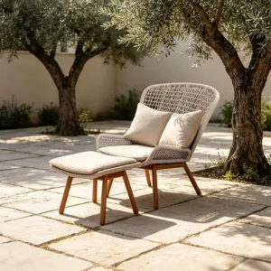 Contemporary High Back Matching Footrest Aluminum Frame Outdoor Villa Countryside Teak Wood Rope Leisure Chair Set with Ottoman