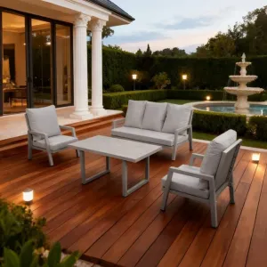 Contemporary Patio Conversation Couch Furniture Outdoor Garden Grey Teslin 4 Piece Aluminum Sectional Sofa Set with Coffee Table