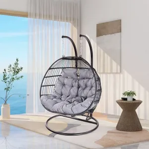 Detachable Front Porch Garden Wicker Metal Hanging Furniture Outdoor Hotel Patio Cafe Rattan Double Swing Seat Chair with Stand