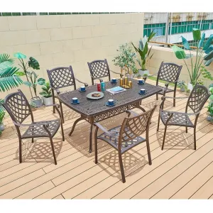 Durable Cast Aluminum Conference Dining Long Table Portable Outdoor Restaurant Patio Dinning Set with 6 Chairs