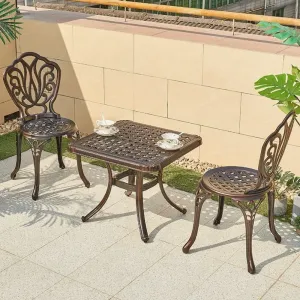 Elegant Durable Patio 3 Piece Coffee Shop Dining Set Furniture Outdoor Garden Cafe Cast Aluminum Square Table 2 Seater Chairs
