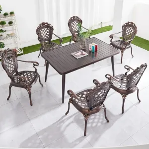 European Cast Aluminum Restaurant Furniture Outdoor Patio Dining Tables Set with 6 Chairs