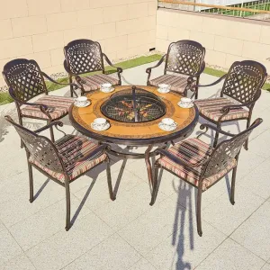 European Royal Aluminum Outdoor Villa Dining Set Furniture Casting Waterproof Restaurant BBQ Grill Round Table Charcoal