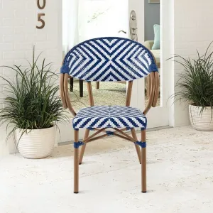 French Outdoor Patio Wicker Aluminum Armchairs Furniture Garden Blue Rattan Bistro Dining Chairs