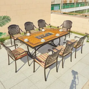 French Stackable Outdoor Aluminum Long BBQ Grill Table Charcoal Villa Patio Cast Dinning Table and Chair Set for 8