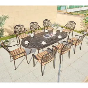 French Style Garden Restaurant 9 Piece Dining Set Outdoor Furniture Hotel Cafe Cast Aluminum Oval Table and 8 Seater Chairs