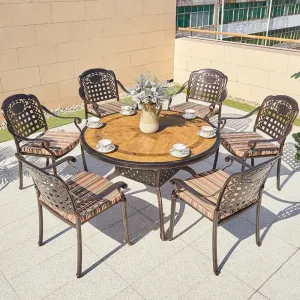 French Style Portable Backyard Round Dining Set Outdoor Terrace Cast Aluminum Event Tables and 6 Chairs Wedding