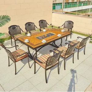 Garden Restaurant Cast Aluminum Rectangular Charcoal BBQ Grill Table Outdoor Patio Dining Table Set 8 Seater Chairs