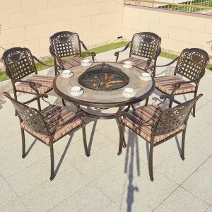 Hotel Party Garden Patio Set Luxury Modern Outdoor Durable Cast Aluminum BBQ Grill Round Table 6 Seater Chairs