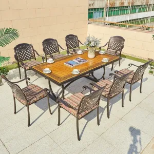 Hotel Party Outdoor Garden Set Long Table Casting Aluminum Furniture Kitchen Stackable Dinner Table Set 8 Chairs