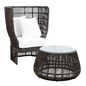 Leisure Modern Black Wicker Patio Cafe Furniture Outdoor Garden Aluminum Rattan High Round Back Chair Set with Coffee Table