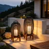 Luxury Black Portable Handle Hotel Project Wicker Floor Lamp Outdoor Garden Aluminum Frame PE Rattan Lantern with Teak Wood Base