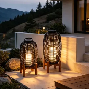 Luxury Black Portable Handle Hotel Project Wicker Floor Lamp Outdoor Garden Aluminum Frame PE Rattan Lantern with Teak Wood Base