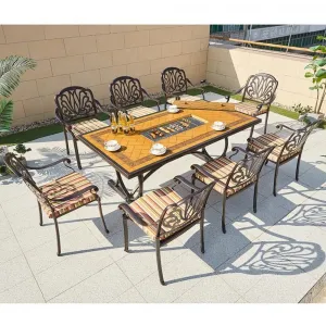 Luxury Design Aluminum Outdoor Restaurant Long Dining Set Villa Patio Bakcyard Cast Party BBQ Table 8 Person Chairs