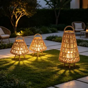 Luxury Leisure Resort Villa Floor Lamp Decorative Aluminum Frame Outdoor Hotel Garden Rope 3 Pcs Lantern with Portable Handle