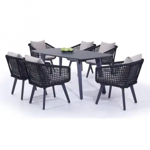 Luxury Modern Black Patio Restaurant 7 Piece Dining Furniture Outdoor Porch Garden Aluminum Rope Garden Table and 6 Chairs Set