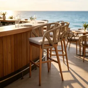 Luxury Modern Hotel Seaside Project Counter Height Bistro Chair Teak Wood Outdoor Garden Woven Rope Restaurant High Bar Stools