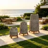 Luxury Modern Hotel Villa Garden Lantern Outdoor Seaside Aluminum Frame 3 Pcs Rope Floor Lamp Set with Teak Wood Base for Beach