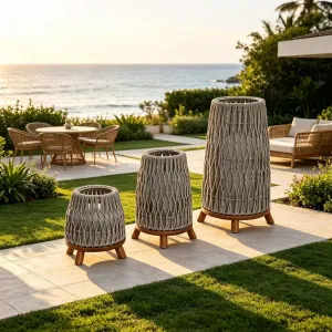 Luxury Modern Hotel Villa Garden Lantern Outdoor Seaside Aluminum Frame 3 Pcs Rope Floor Lamp Set with Teak Wood Base for Beach