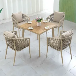 Luxury Modern Patio Cafe 5 Piece Dining Set Furniture Outdoor Garden Restaurant Aluminum Rope Square Table and 4 Seater Chairs
