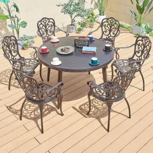 Luxury Outdoor Patio 7 Piece Dinning Set Furniture Outside Garden Restaurant Cast Aluminum Round Table and 6 Seater Chairs