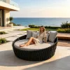 Luxury Resort Area Villa Circular Chaise Lounge Sunbed Outdoor Hotel Round Black Rope Aluminum Frame Daybed for Seaside Poolside