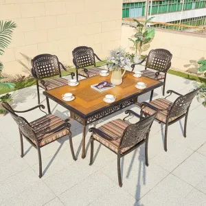Luxury 7 Piece Patio Garden Dining Set Furniture Outdoor Porch Balcony Cast Aluminum Table and 6 Seater Chairs