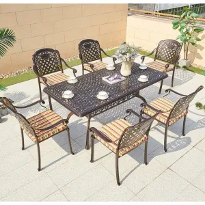 Luxury 7 Piece Porch Dining Furniture Outdoor Patio Cast Aluminum Garden Table and 6 Seater Chairs Set for Outside