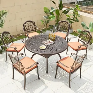 Modern Balcony Round Table 6 Chairs Cushions Waterproof Terrace Furniture Party Cast Aluminum Outdoor Table and Chair Set