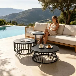 Modern Black Hotel Patio Poolside Lounge Area Aluminum Frame Outdoor Garden Round Coffee Side Table Set with Sintered Stone Top