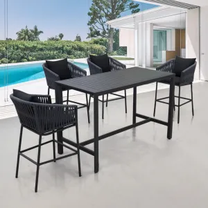 Modern Black Patio Bistro Counter Height Stools Set Furniture Outdoor Garden Restaurant High Bar Table and 4 Seater Chairs