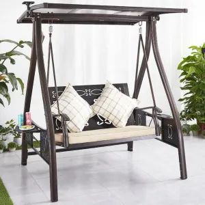 Modern Black Patio Front Porch Furniture Outdoor Garden Cast Aluminum Double 2 Person Seater Hanging Swing Chair