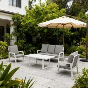 Modern Comfort Patio Conversation Couch Furniture Outdoor Garden White Teslin Aluminum 4 Pieces Sectional Sofa Set