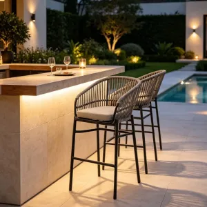 Modern Comfort Patio Restaurant Bistro Chair Hotel Villa Woven Rope Aluminum Frame Counter Outdoor Garden Bar Stool for Cafe