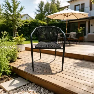 Modern Commercial Black Stackable Garden Balcony Restaurant Bistro Aluminum Armchair Outdoor Garden Cafe Woven Rope Dining Chair