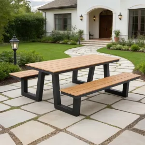 Modern Contemporary Garden Patio Plastic Wood Furniture Outdoor Park Aluminum Dining Table Chairs Set With Bench Seating