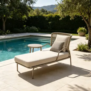 Modern Ergonomic Hotel Chaise Lounge Sun Lounger Outdoor Poolside Aluminum Frame Rope Sunbed Set with Side Table for Villa Patio
