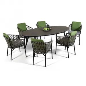 Modern Green Black Garden Restaurant 7 Piece Dining Set Furniture Outdoor Patio Rope Aluminum Oval Table and 6 Seater Chairs