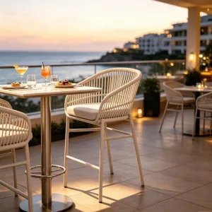 Modern Hotel Villa Resort Terrace Patio Bistro Chair Aluminum Frame Outdoor Restaurant Seaside Woven Rope Bar Stool With Cushion