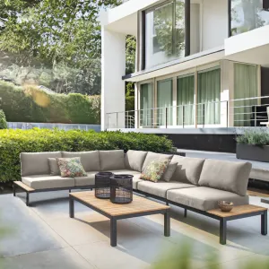 Modern L Shape Teak Wood Lounge Couch Seating Furniture Outdoor Patio Garden Aluminum Frame Sectional Corner Sofa Set