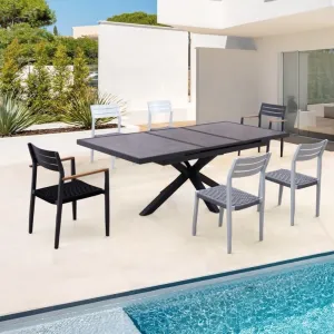 Modern Luxury Patio Cafe 7 Piece Dining Set Furniture Outdoor Garden Porch Aluminum Extendable Table and 6 Seater Chairs