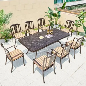 Modern Luxury Waterproof Outdoor Garden 9 Piece Long Set Furniture Outside Cast Aluminum Patio Dining Table and 8 Seating Chairs