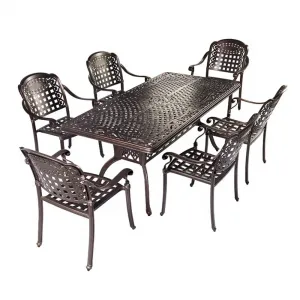 Modern Luxury 7 Piece Garden Restaurant Dining Set Furniture Outdoor Patio Cast Aluminum Long Table 6 Chairs with Umbrella Hole