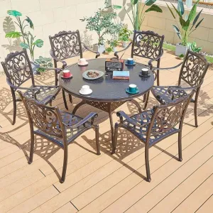 Modern Outdoor Stackable Cast Patio Chair Set Nordic Aluminum Fining Room Furniture Set of 6 with Round Table