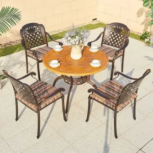 Modern Patio Cafe Aluminum Dining Set Cushions Balcony Furniture Outdoor Cast 4 Chairs and Round Table for Garden