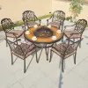 Modern Patio Restaurant Cast Dining Table Set Outdoor Backyard Aluminum Party BBQ Table 6 Seater Chairs with Armrest