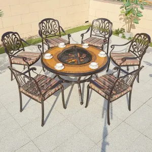 Modern Patio Restaurant Cast Dining Table Set Outdoor Backyard Aluminum Party BBQ Table 6 Seater Chairs with Armrest
