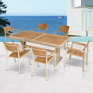 Modern Porch Garden Extendable 7 Piece Seater Dining Set Furniture Outdoor Patio Plastic Wood Aluminum Table and 6 Chairs