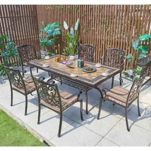 Modern Portable Wedding Events Backyard Furniture Outdoor Cast Aluminum Rectangular Dining Long Table Set 6 Seater Chairs